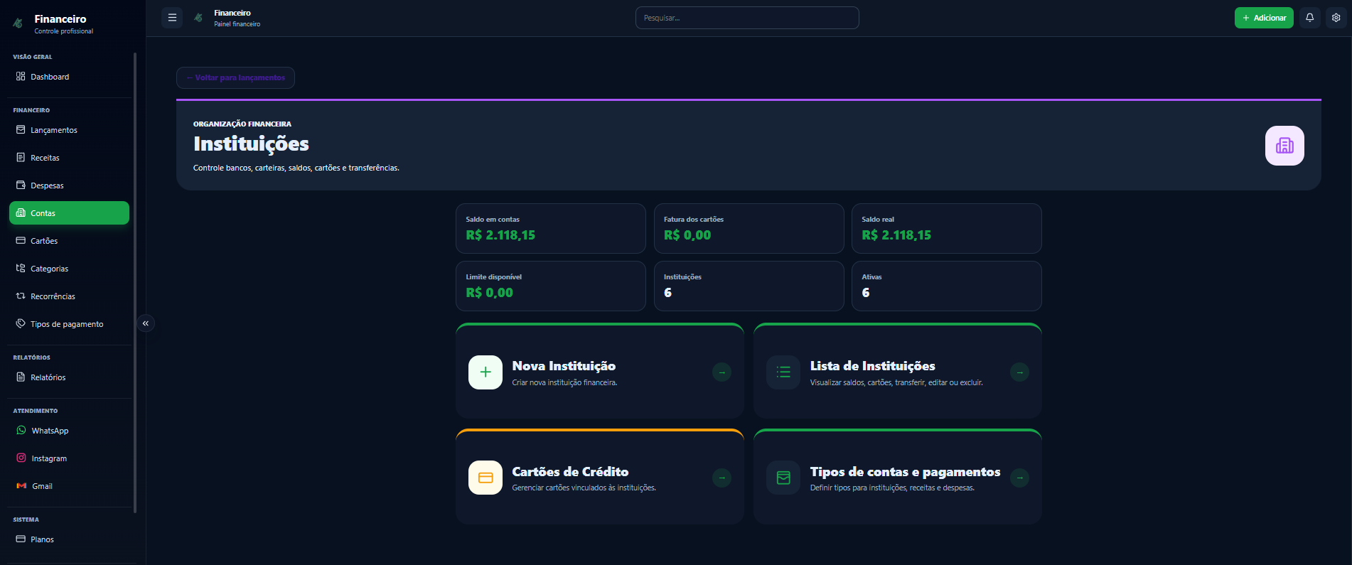 Tela do sistema: Instituições