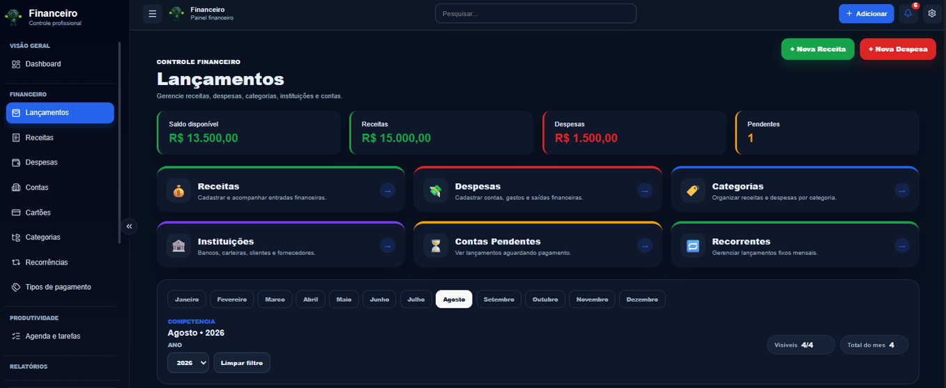 Tela do sistema: Lançamentos