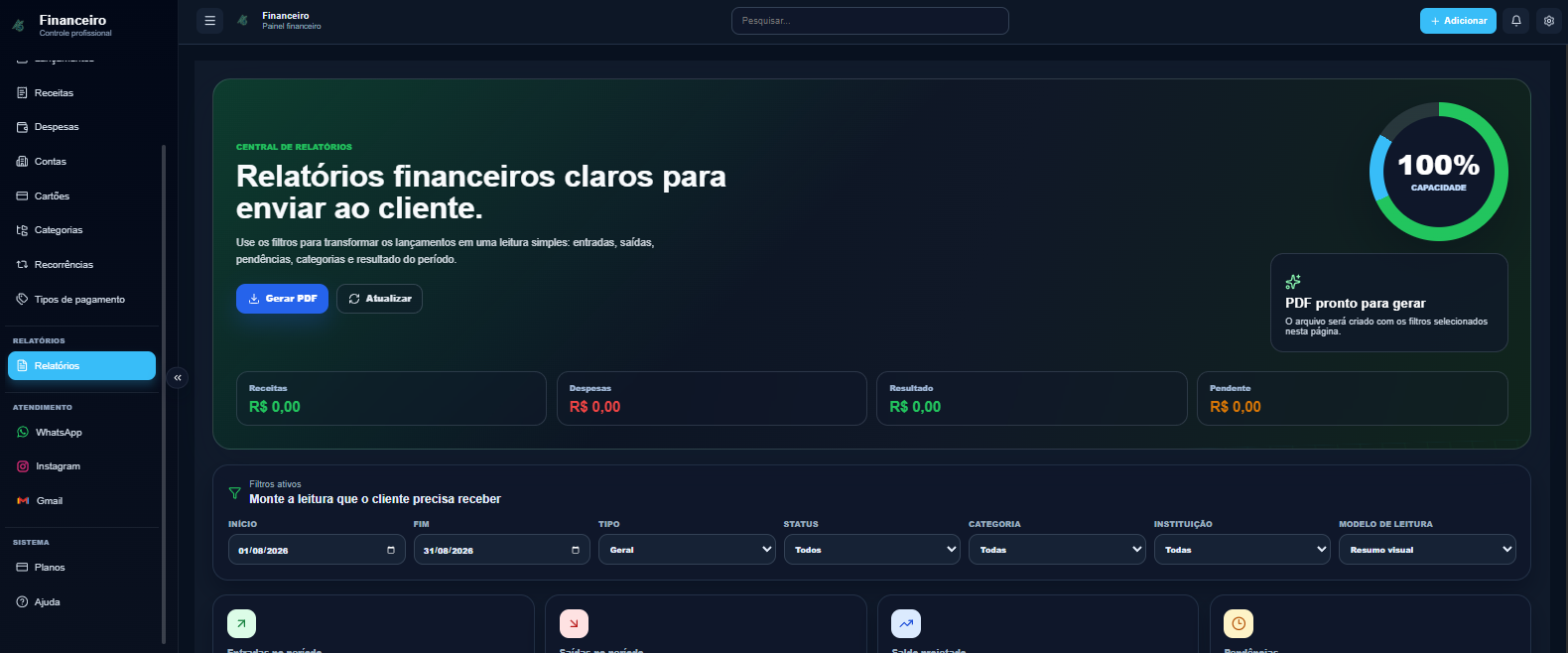 Tela do sistema: Relatórios
